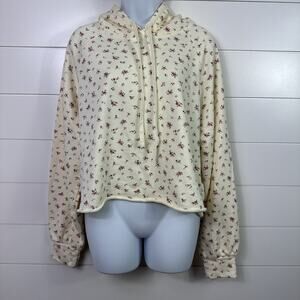 BUCKETLIST Floral Print Long Sleeved Cropped Hoodie Sweatshirt Cream sz L